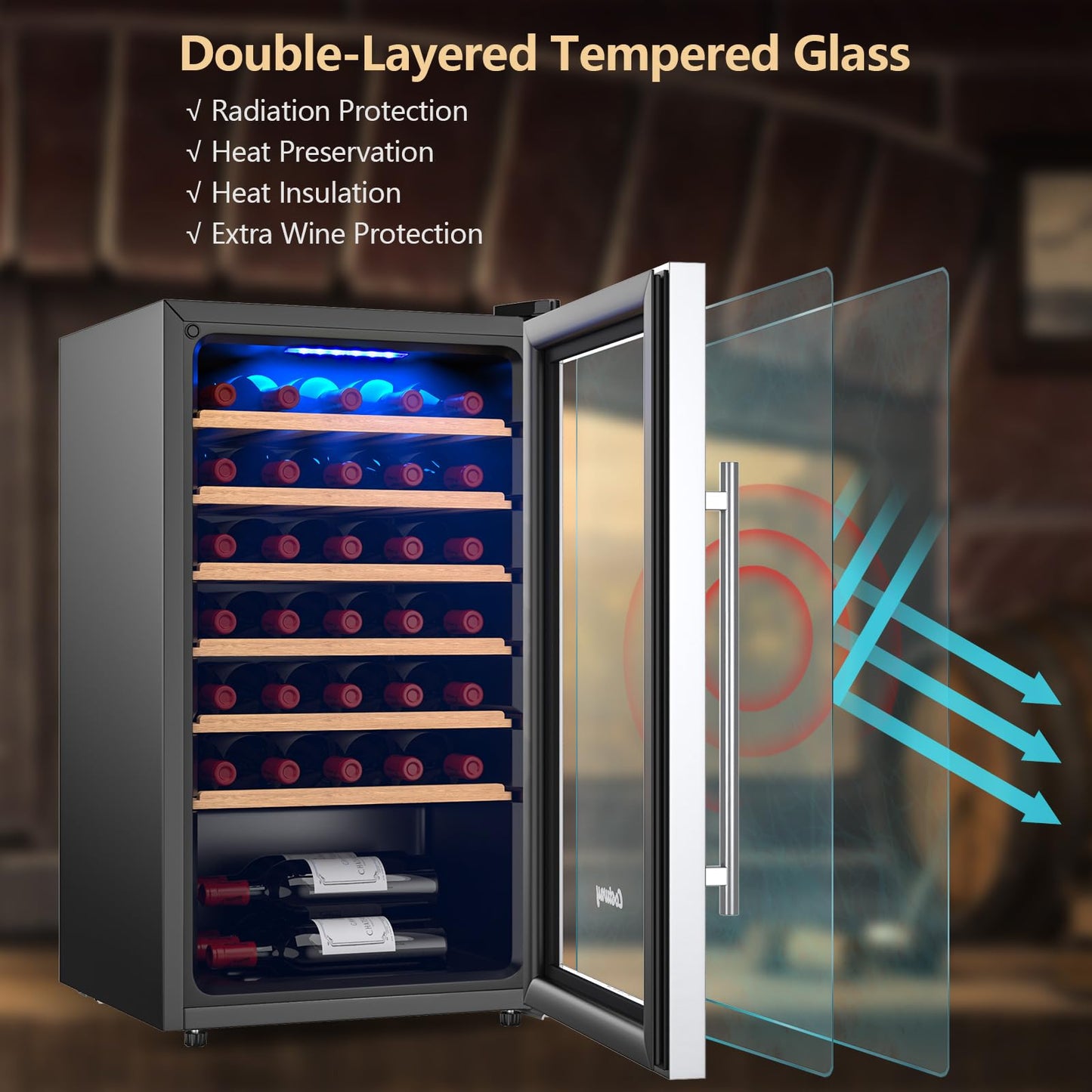 20 Inch Wine Cooler, 33 Bottles Wine Refrigerator with 2-Layer Tempered Glass Door & Dual Alarm Function