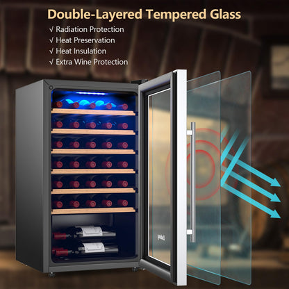 20 Inch Wine Cooler, 33 Bottles Wine Refrigerator with 2-Layer Tempered Glass Door & Dual Alarm Function