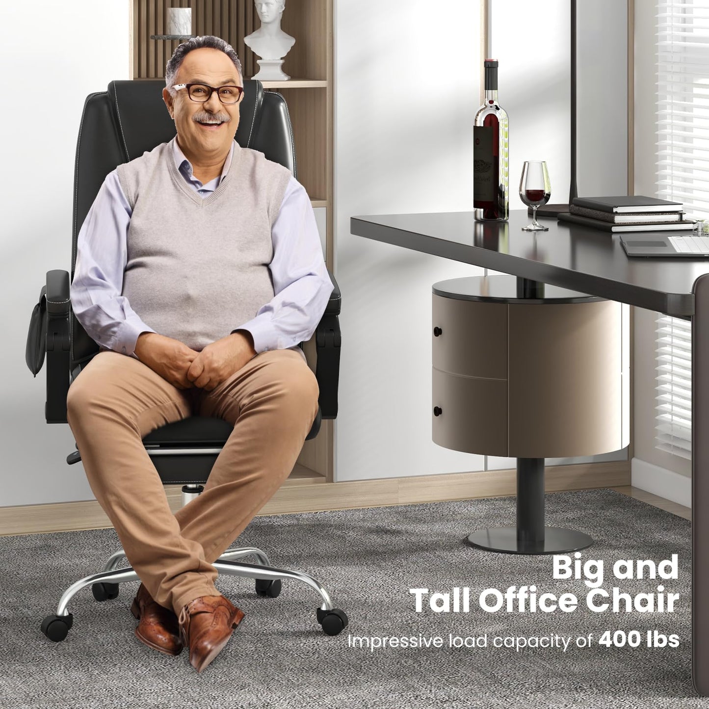 Big and Tall Office Chair 6-Point Massage Desk Chair with Retractable Footrest