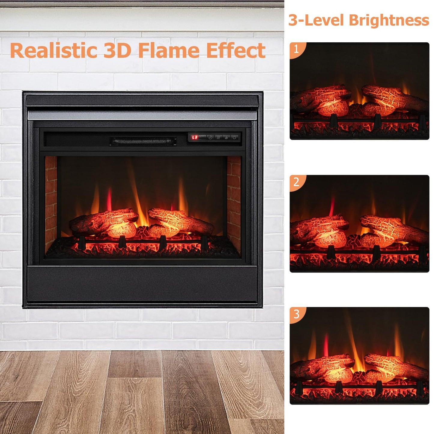 Electric Fireplace Insert 26-inch Wide 1400W Recessed and Freestanding Fireplace Heater with Remote Control