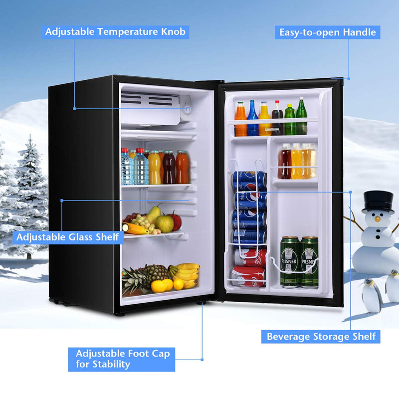 Compact Refrigerator, Single Door 3.2 CU.FT. Mini Fridge Compartment with Adjustable Thermostat and Removable Glass Shelves
