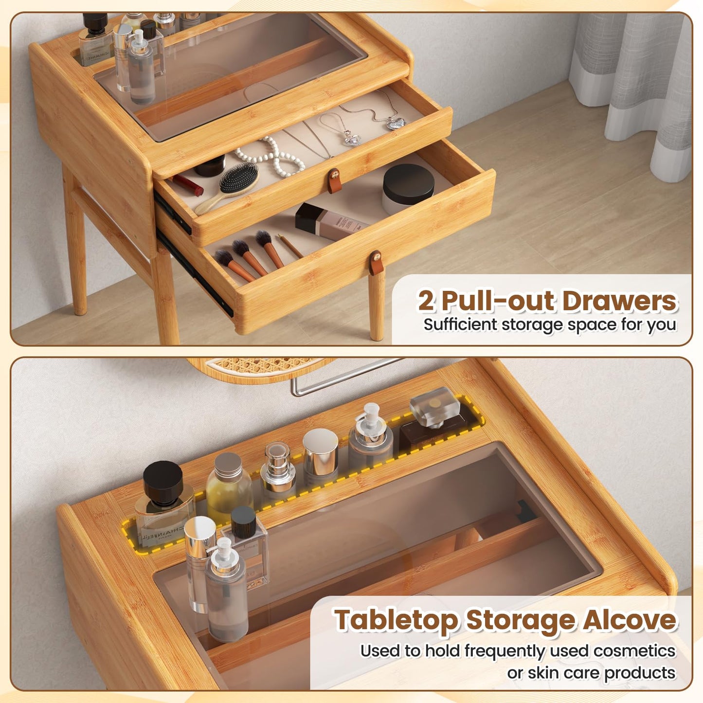 Bamboo Makeup Vanity Set with 2 Drawers for Adult and Teens