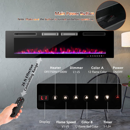 72 Inch Wide Electric Fireplace with Adjustable Flame Color & Speed