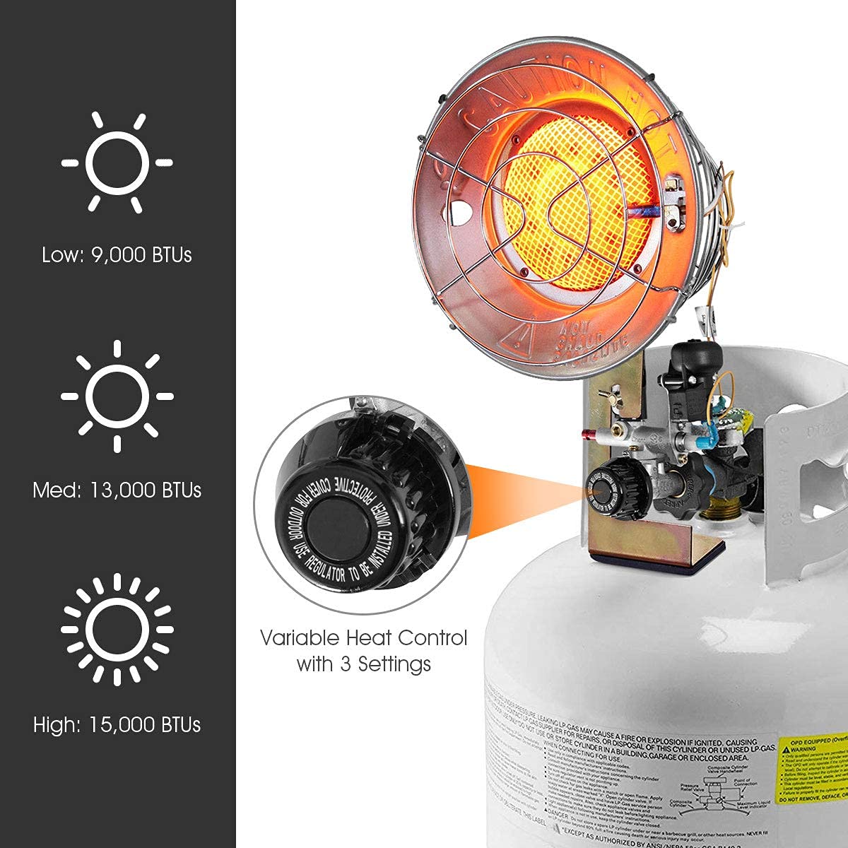 15,000 BTU Propane Tank Top Heater with Safety Shut-off Valve and Tip-over Switch
