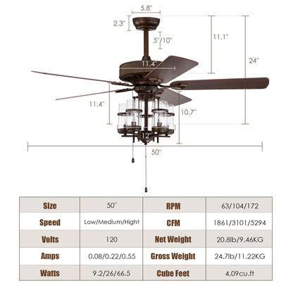 50-Inch Ceiling Fan Light, Classic Ceiling Fan Lamp with 5 Explosion-Proof Glass Lampshades