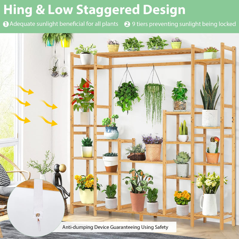 Bamboo Plant Stand with Hanging Rack & Anti-Dumping Device 2-In-1 High-Low Plant Holder Shelf