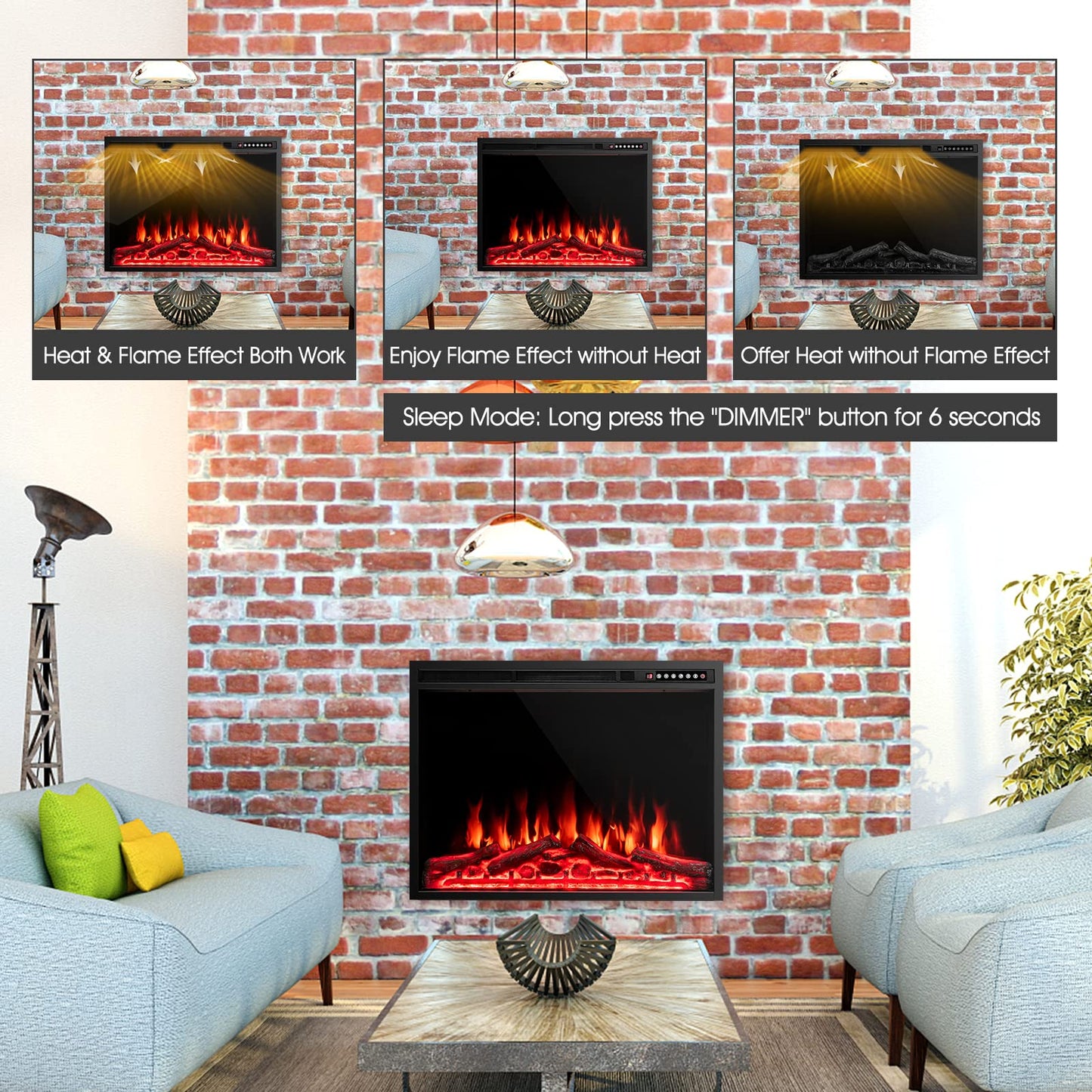 34-Inch Electric Fireplace, Wall-Mounted and Recessed Fireplace Heater with 4 Flame and Log Colors