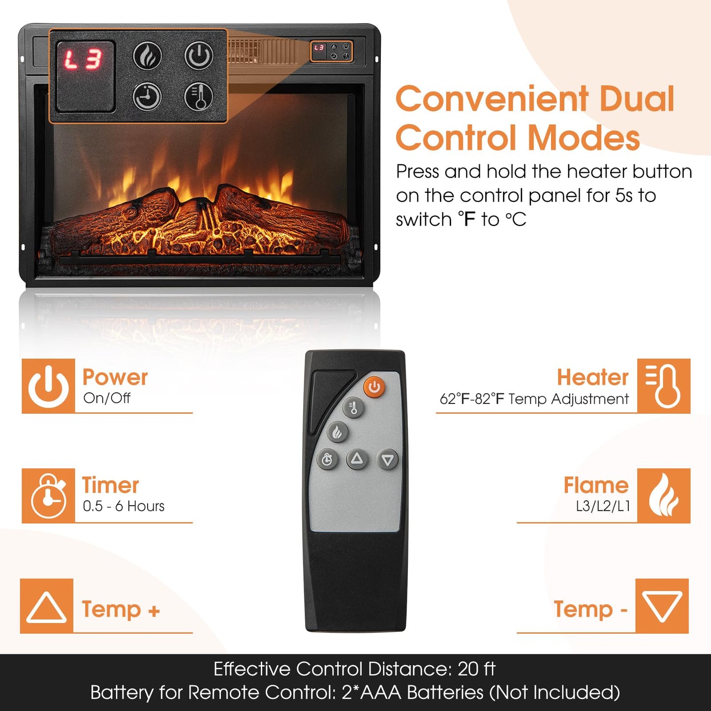 23-Inch Electric Fireplace Insert, 1400W Recessed Fireplace Heater with Remote Control, Thermostat