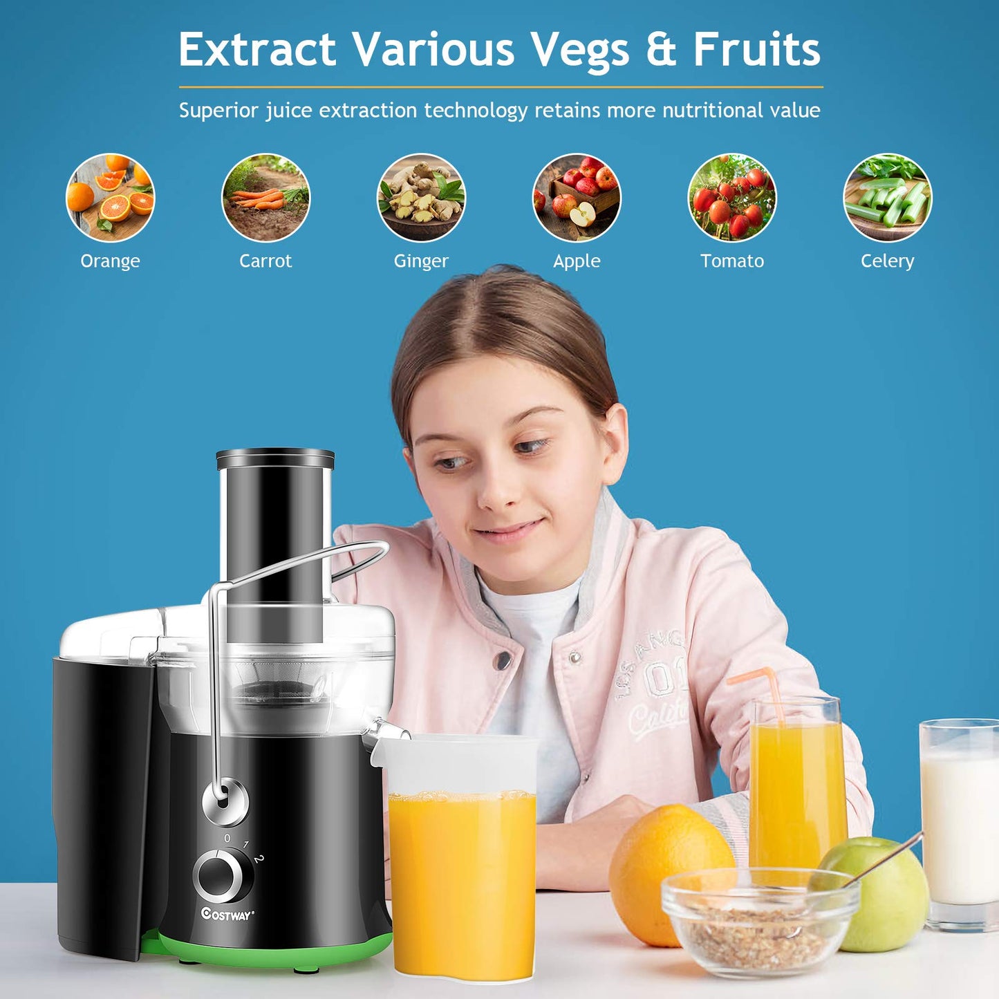 Juicer Machine, Centrifugal Juicer with 3-Inch Wide Mouth, BPA-Free Stainless Steel Juice Maker with 2-Speed Control