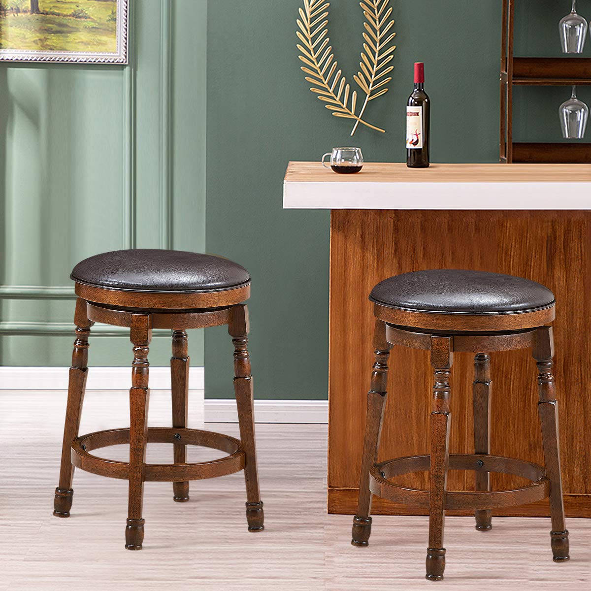 24 Inch Counter Height Round Bar Stool with 360° Swivel Cushioned Seat & Sturdy Natural Rubber Wood