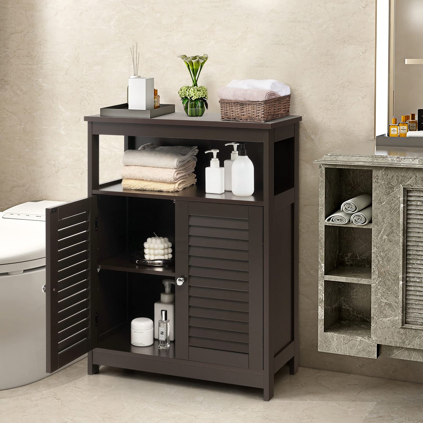 Wooden Side Storage Organizer with Louver Doors & Removable Shelf