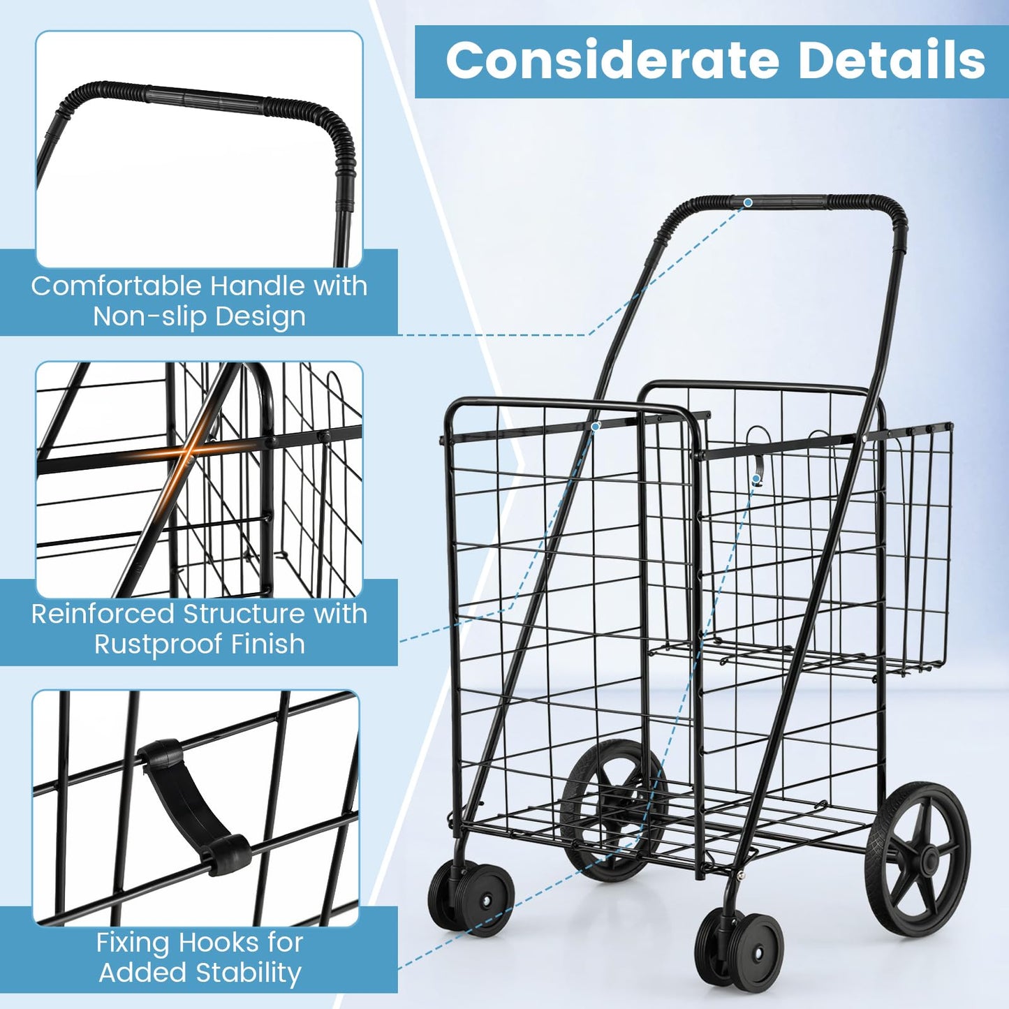 360° Swiveling Front Wheels Folding Shopping Cart Light Weight Utility Cart