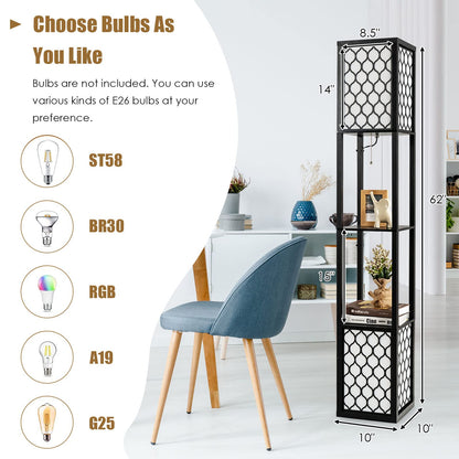 Modern Shelf Floor Lamp, Freestanding Double Lamp w/ 2-Tier Wood Shelf & White Lampshade