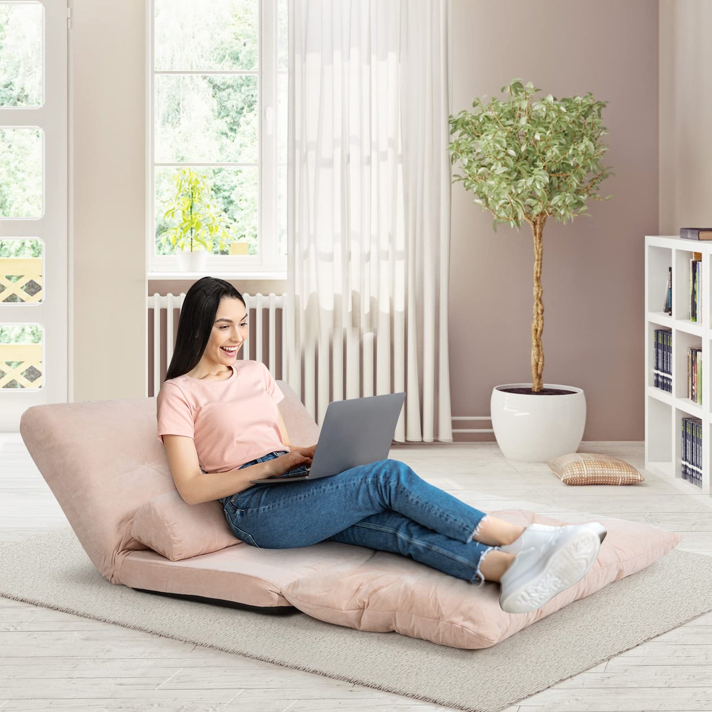 Convertible Floor Sofa Couch with 2 Waist Pillows for Reading Playing Gaming