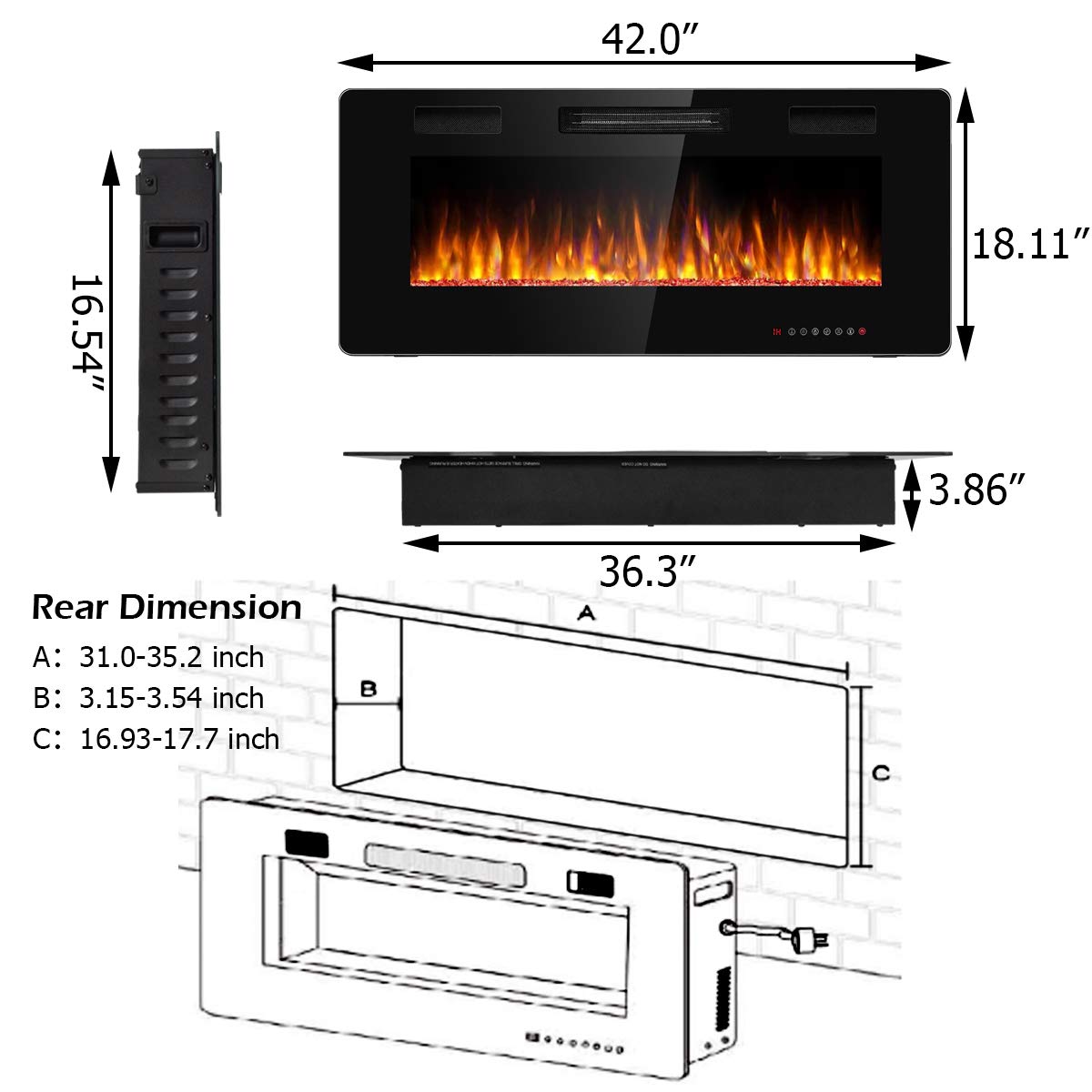 42 Inch Electric Fireplace Recessed and Wall Mounted, Fireplace Heater in-Wall Built with Remote Control, Timer, Touch Screen, Adjustable Color