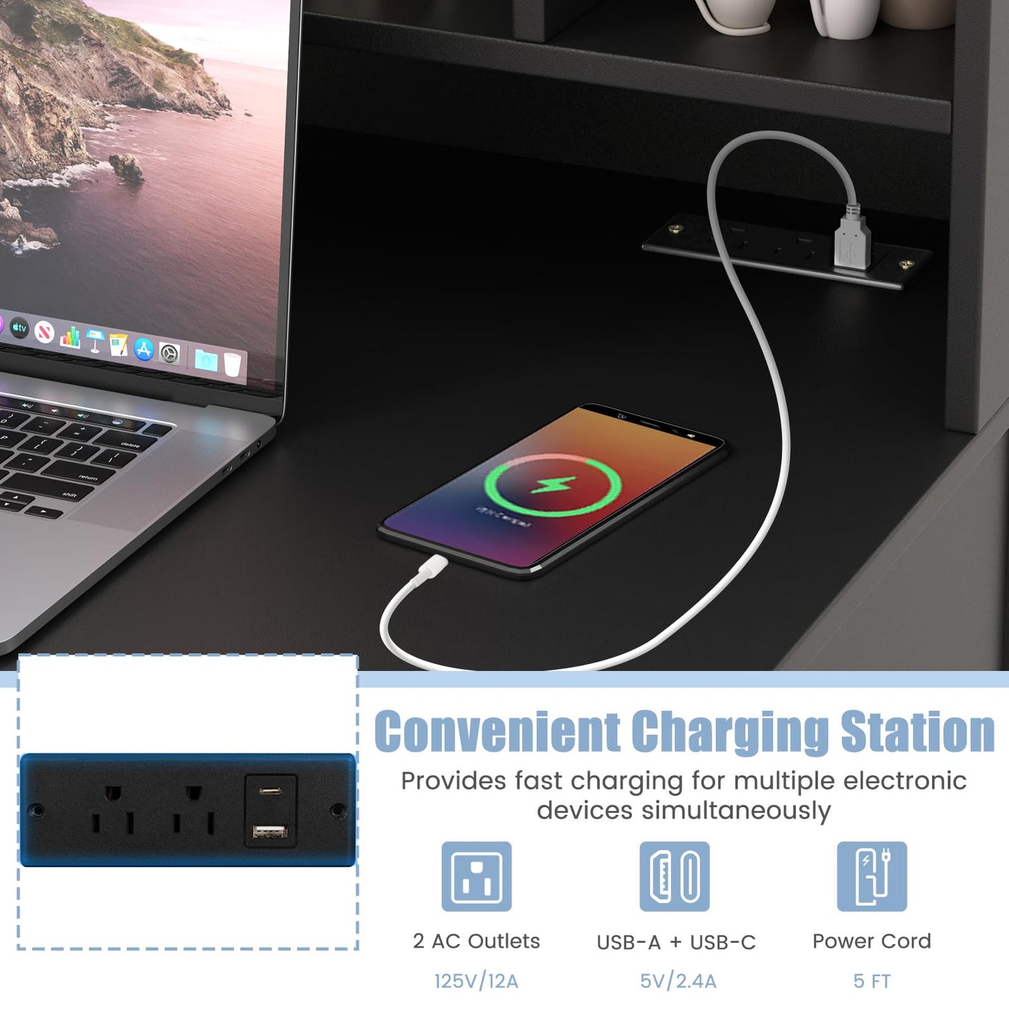 Writing Desk with USB Charging Ports & Power Outlets 48" Computer Desk with Drawers & 5-Cubby Hutch