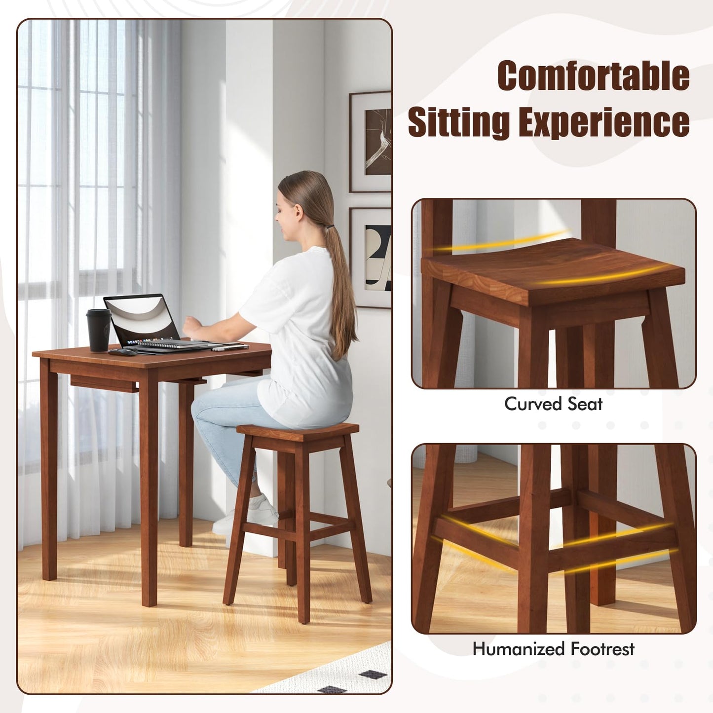 Wooden Bistro Set w/Pub Table and 2 Saddle Stools