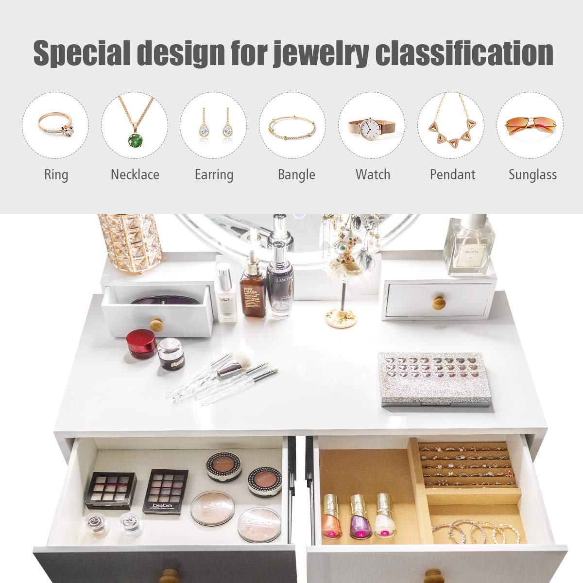 Makeup Dressing Table Set with 3 Color Lighting Modes & Adjustable Brightness