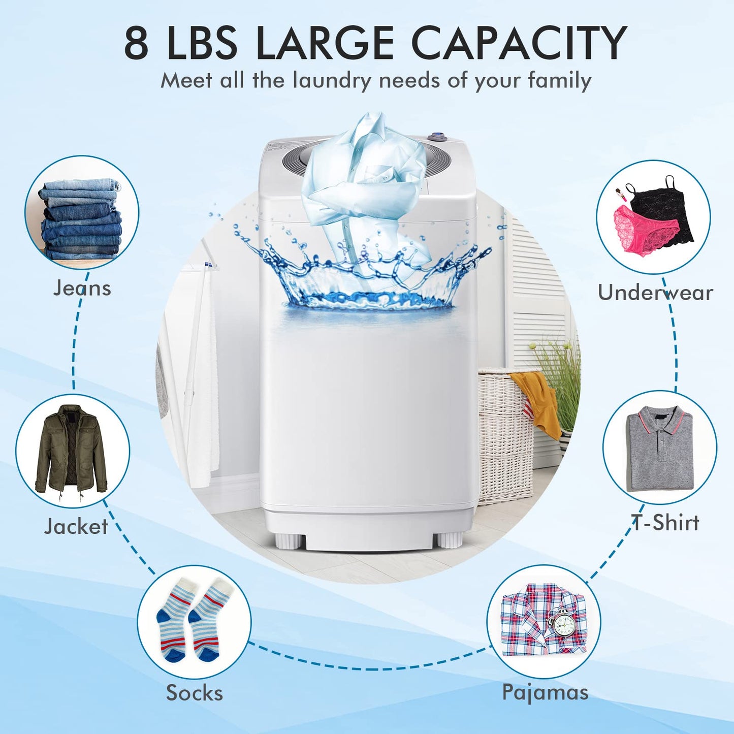 Portable Washing Machine 8Lbs Capacity Full-automatic Washer with 6 Wash Programs