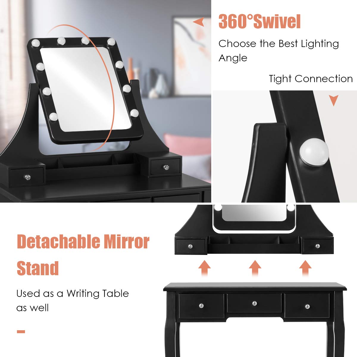 Vanity Table Set with LED Lights 360° Swivel Mirror