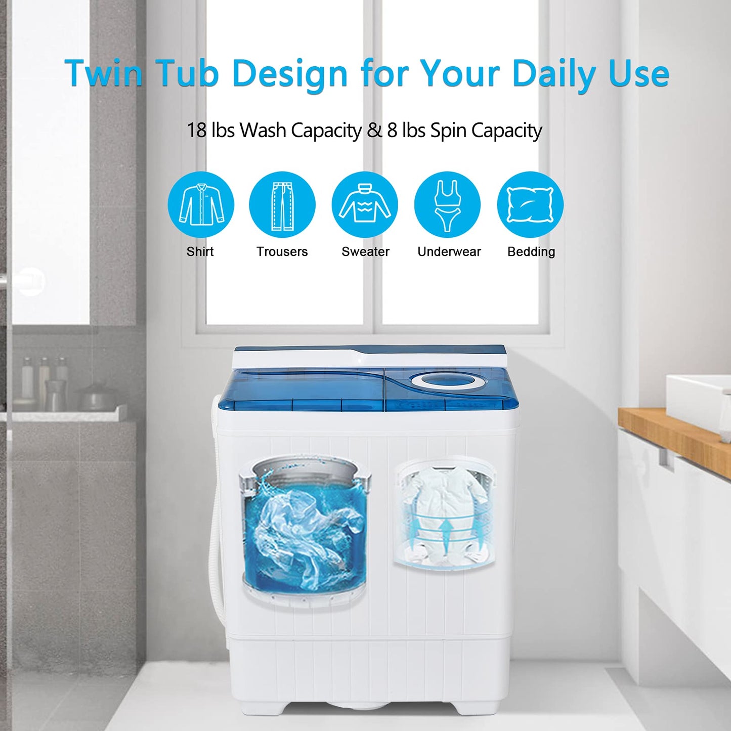 Portable Washing Machine, Twin Tub 26 Lbs Capacity, 18 Lbs Washer and 8 Lbs Spinner