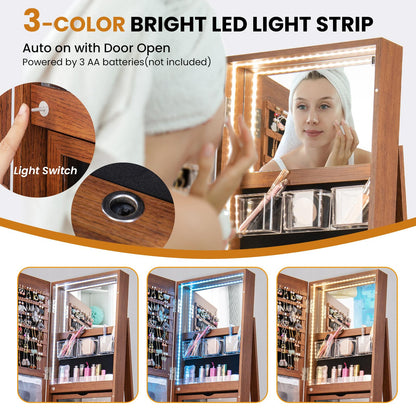 360° Rotating Mirrored Jewelry Cabinet Armoire 3 Color LED Modes Lockable