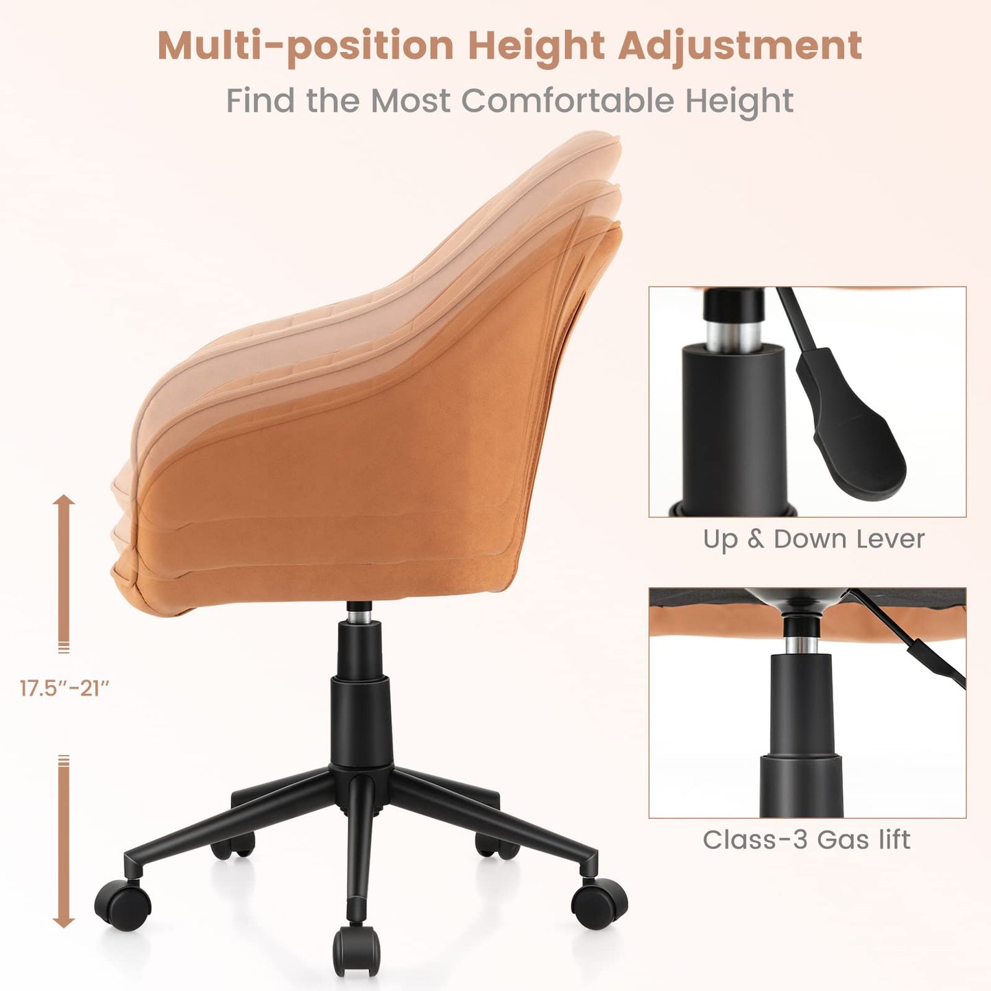 Leather Home Office Chair Adjustable Rolling Leisure Accent Chair with Ergonomic Arms & Backrest