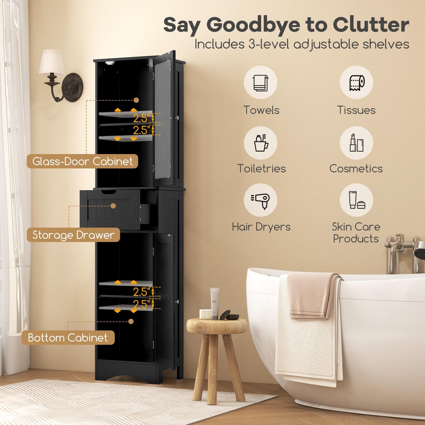 67” Tall Bathroom Storage Cabine with 2 Doors & 1 Drawer 3-Level Adjustable Shelves