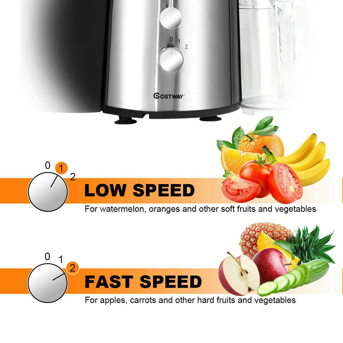 Juice Extractor, 75MM Wide Mouth Stainless Steel Juicer Machines, 2-Speed Setting High Speed Masticating Juicer Machine