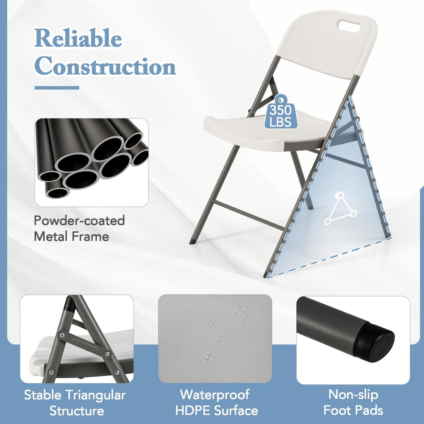 Stackable Plastic Folding Chairs w/Waterproof Seat 350 LBS Capacity Heavy-Duty Metal Frame
