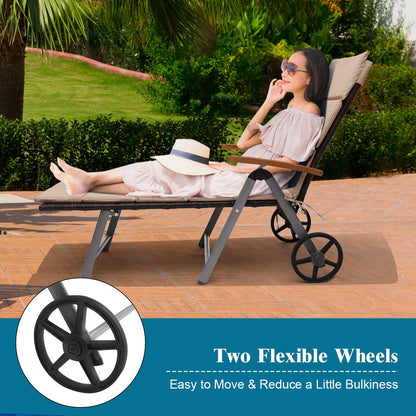 Folding Rattan Lounge with Wheels Aluminum Patio Lounger with 7 Adjustable Positions