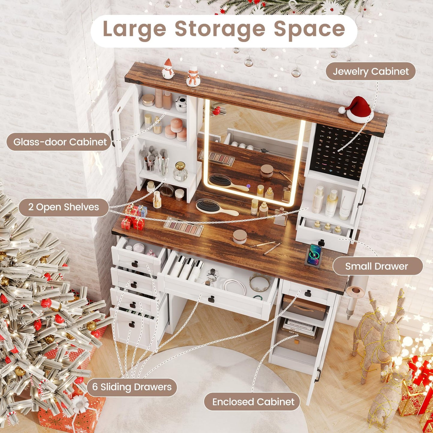 44.5'' Farmhouse Dressing Table w/Charging Station for Girls