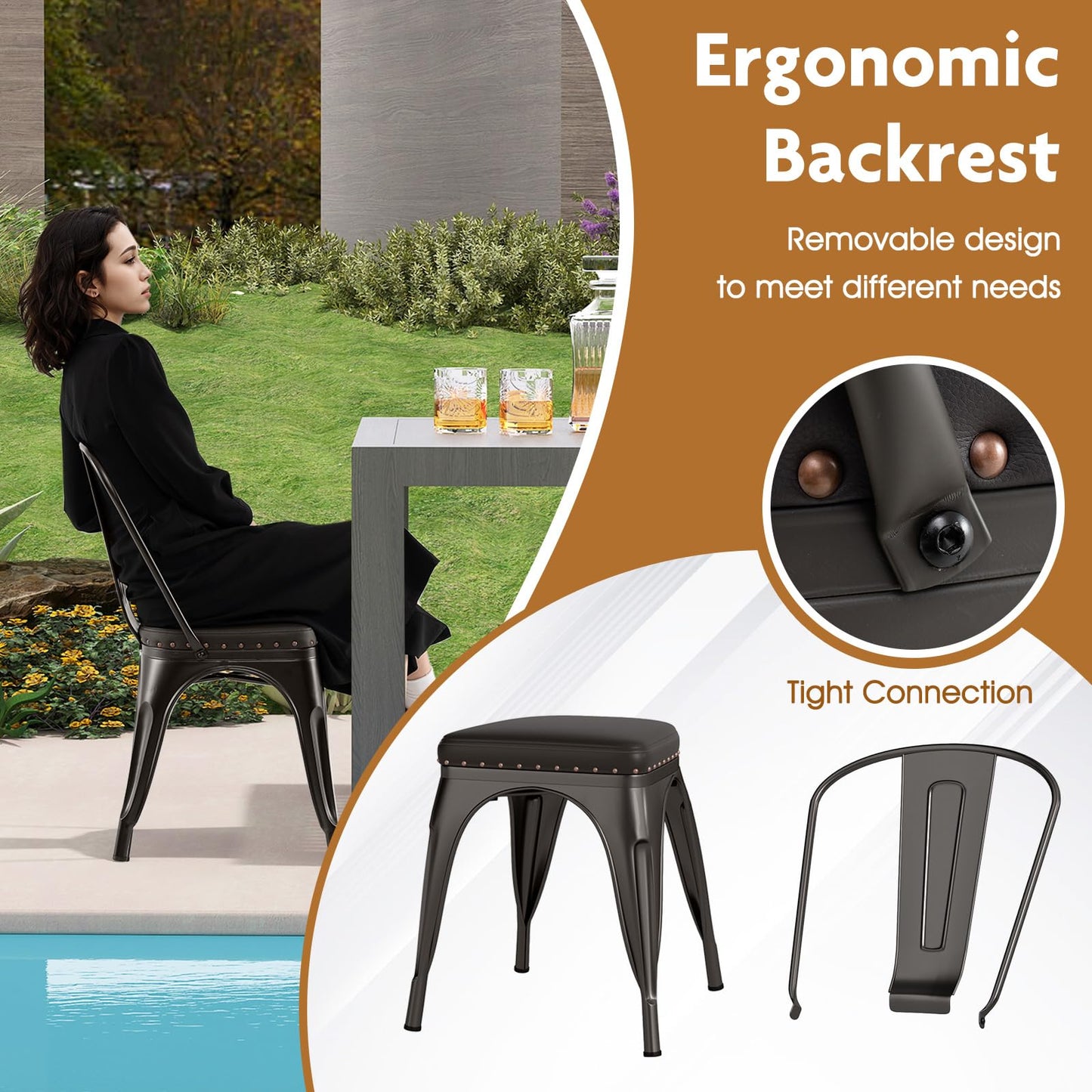 18.5 Inch Stackable Industrial Kitchen Tolix Side Chairs with PU Leather Cushions and Detachable High Back for Dining Room