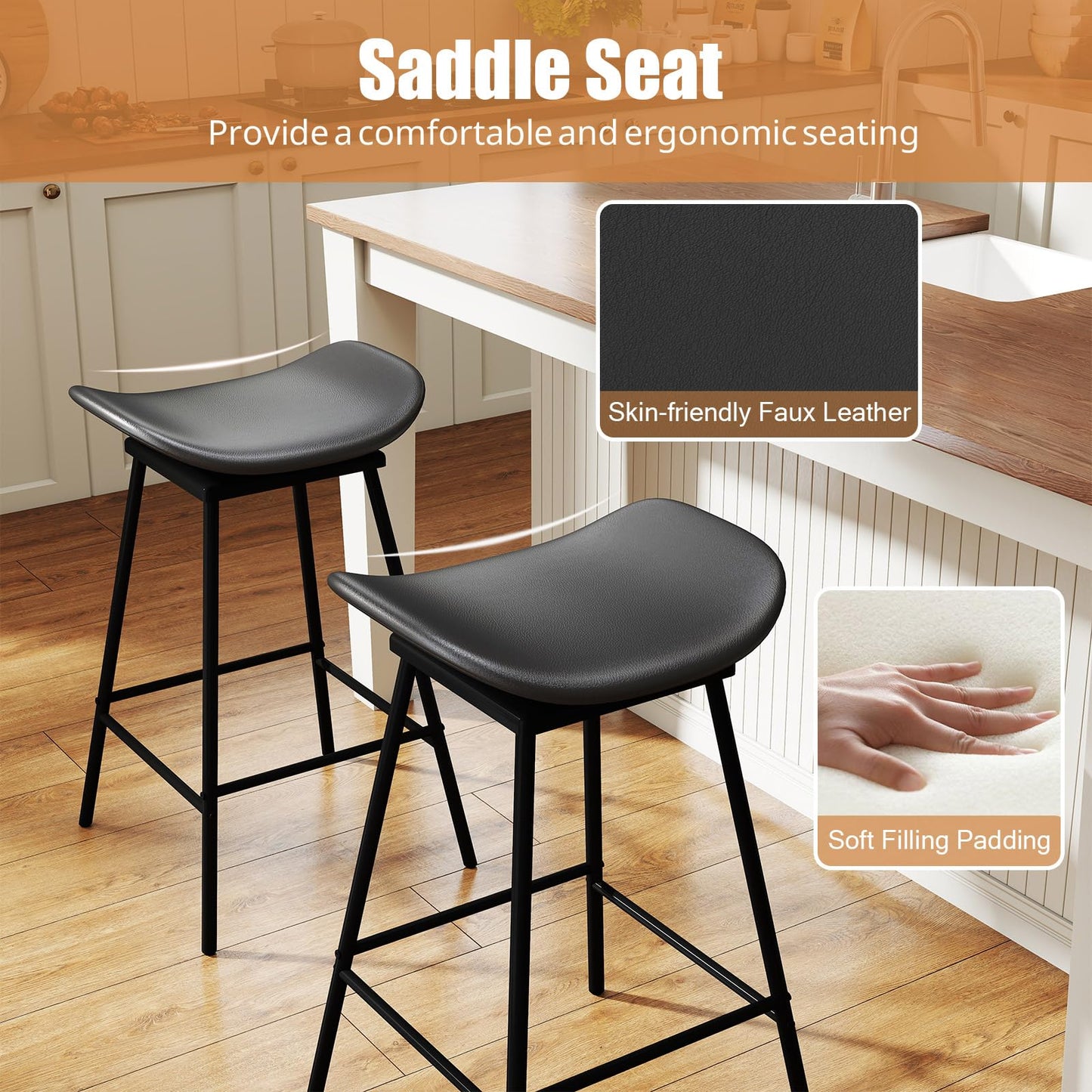 Faux Leather Backless Bar Stools with Padded Saddle Seat and Footrest