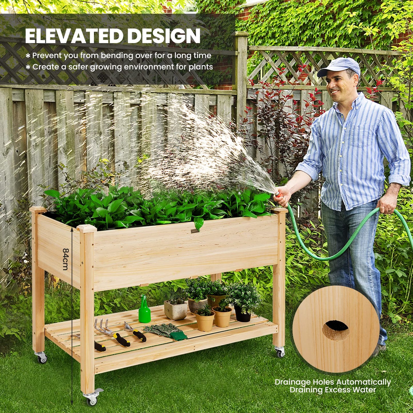 Raised Garden Bed with Wheels & Storage Shelf ( 47.5”L x 23.5”W x 33”H )