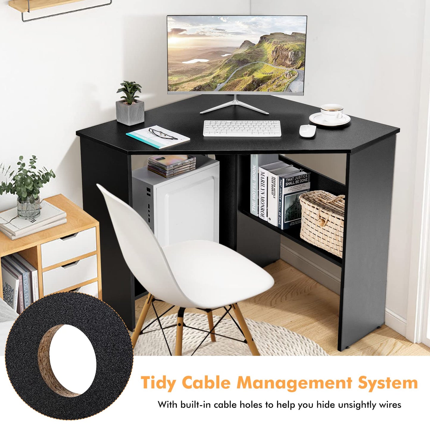 Corner Computer Desk Space-Saving Triangular Writing Desk w/ 2 Storage Shelves & 2 Cable Holes