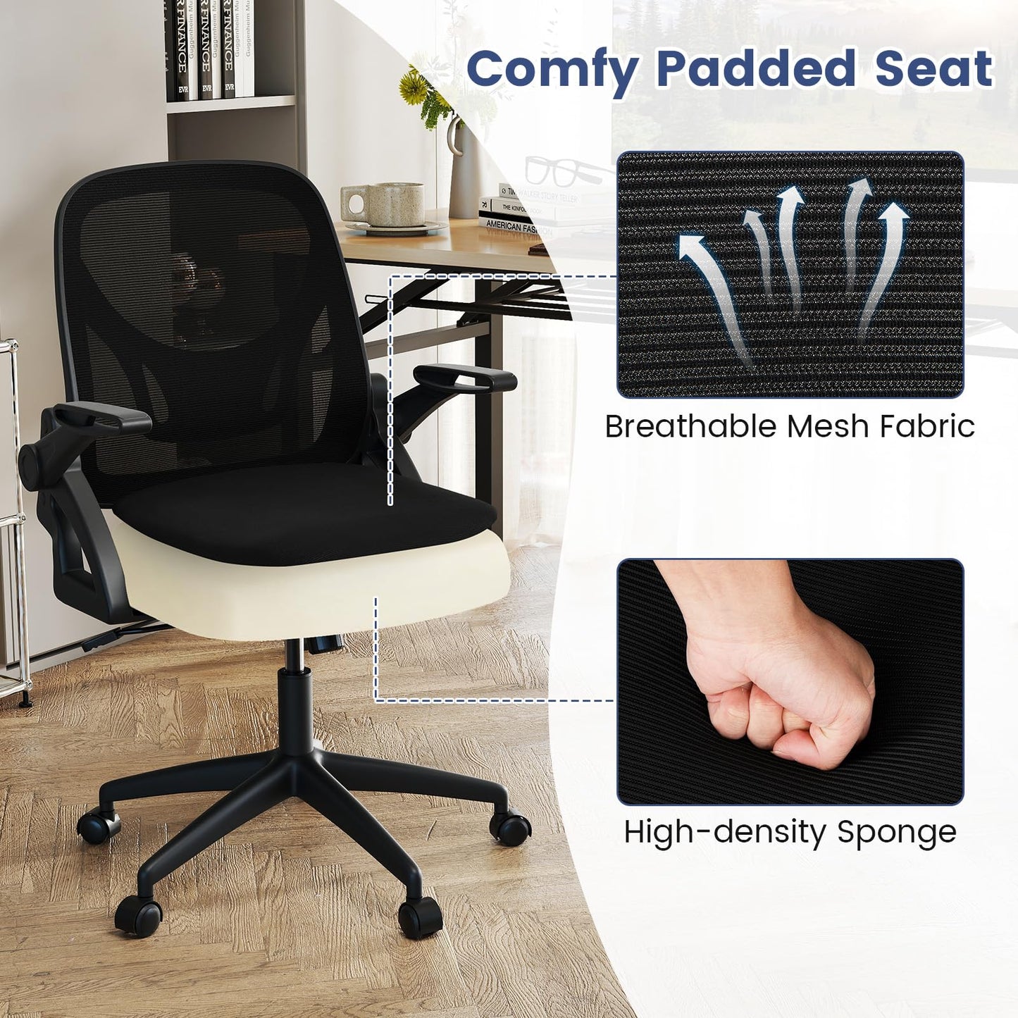 Comfy Swivel Rolling Desk Chair with Adjustable Height & Flip-Up Armrests