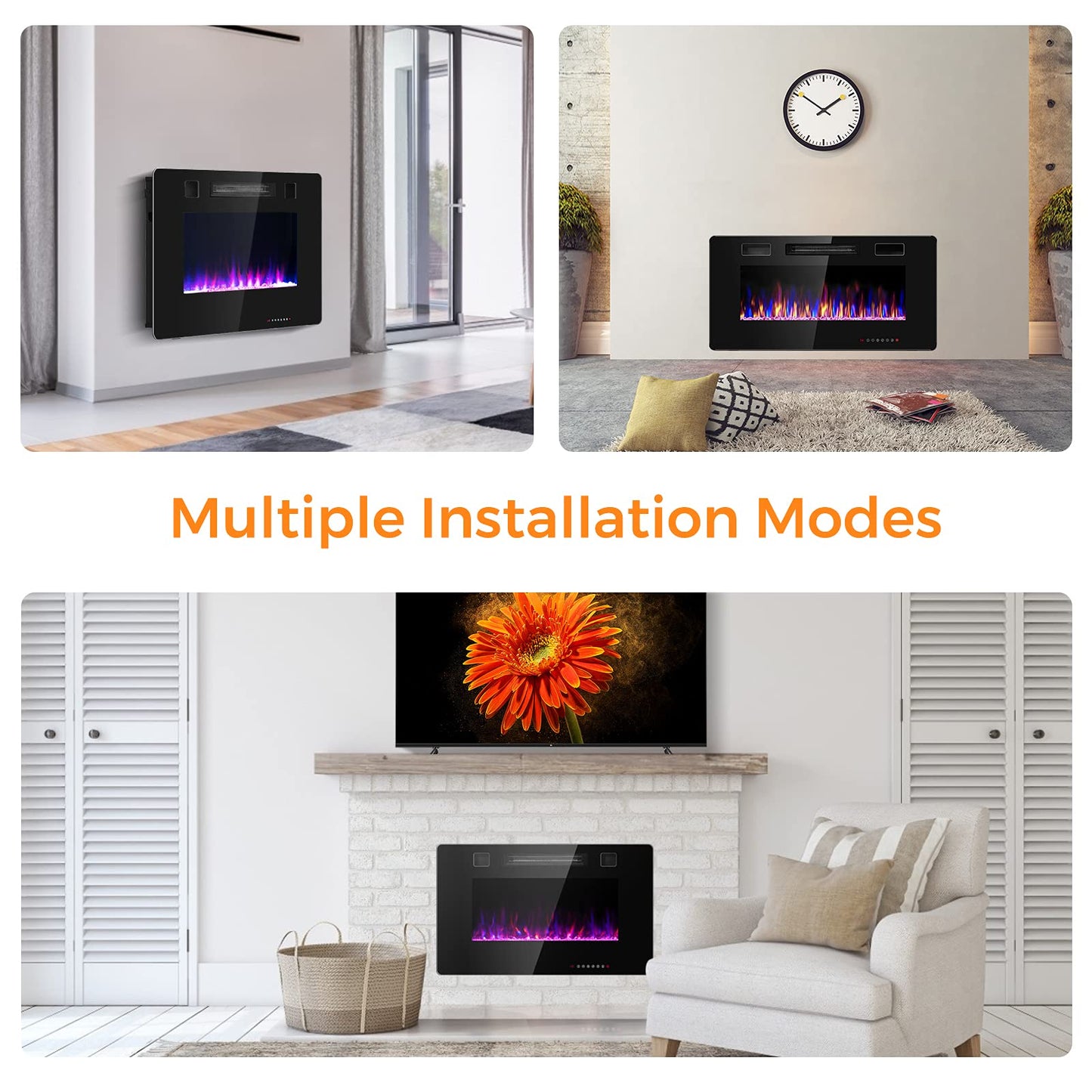30-Inch Electric Fireplace, 750W/1500W Wall Recessed and Mounted Fireplace Insert with Remote Control