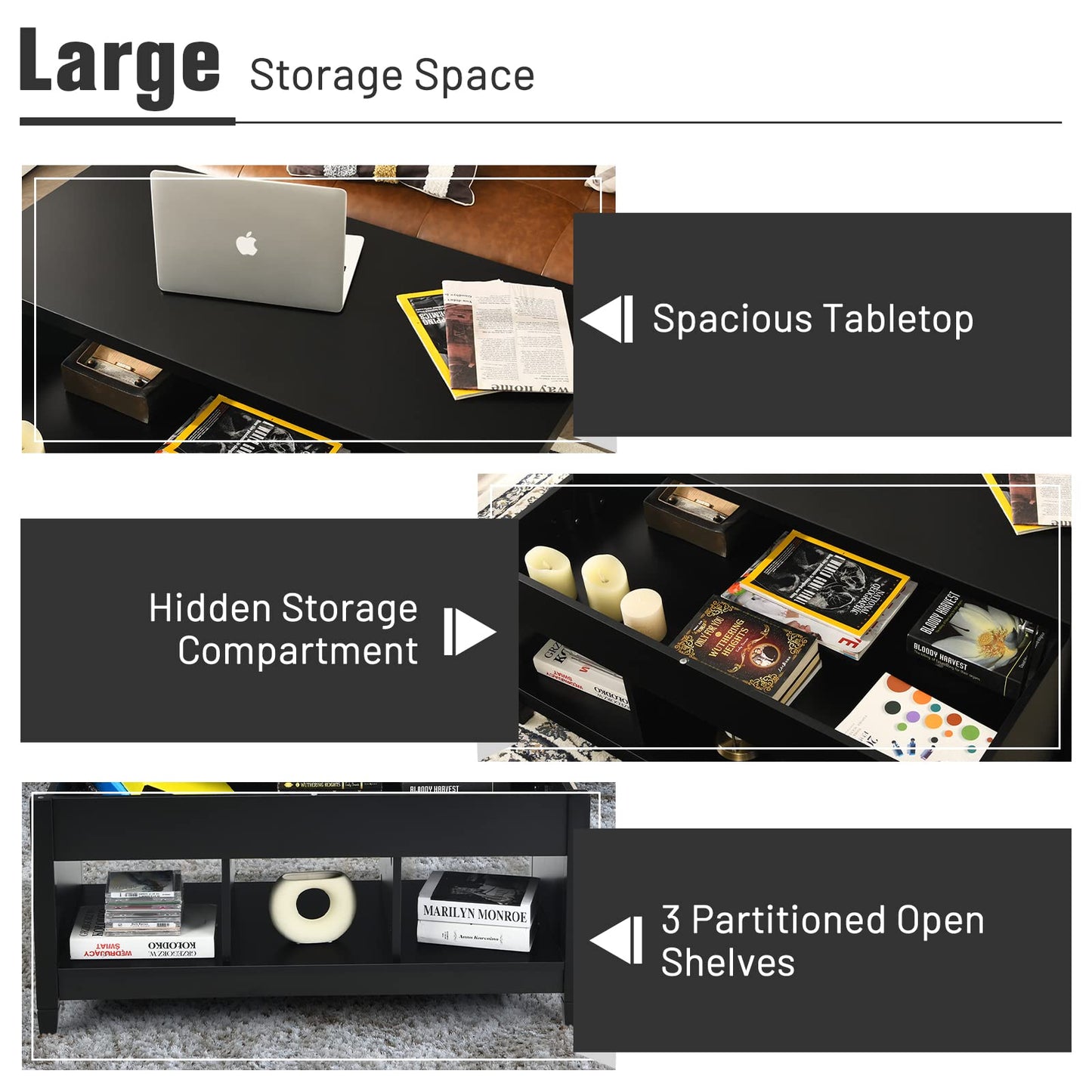 Lift Top Coffee Table with Hidden Storage Compartment & 3 Open Shelves