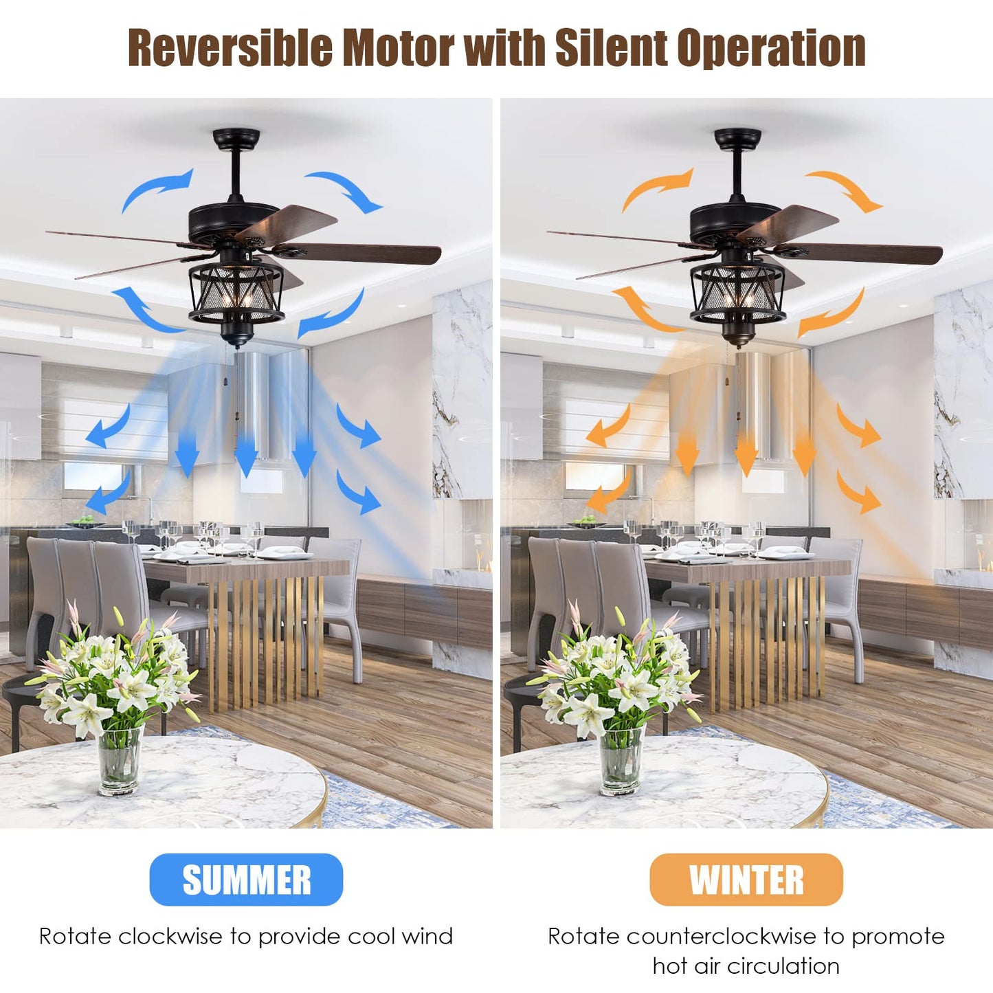 50-Inch Ceiling Fan with Lights, Indoor Ceiling Fan with Pull Chain Control, Mute Motor (Coffee)