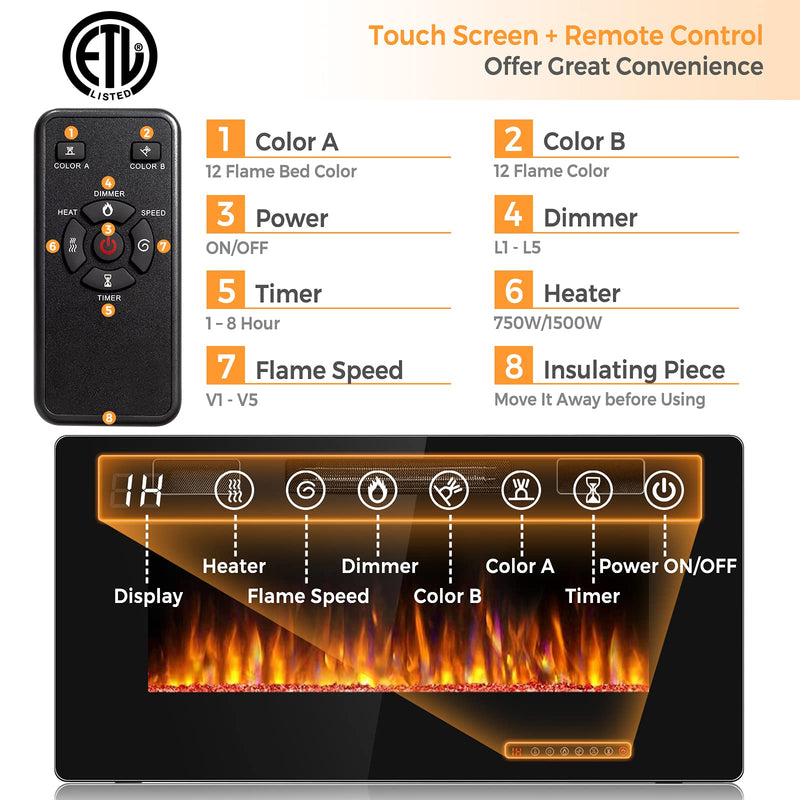36-Inch Electric Fireplace Insert 750W/1500W Wall Recessed and Mounted Fireplace