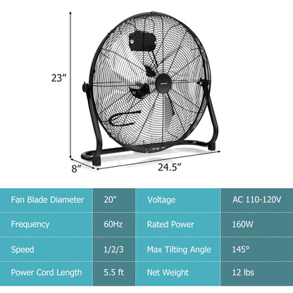 20 inch High Velocity Floor Fan with 145°Rotation for Home
