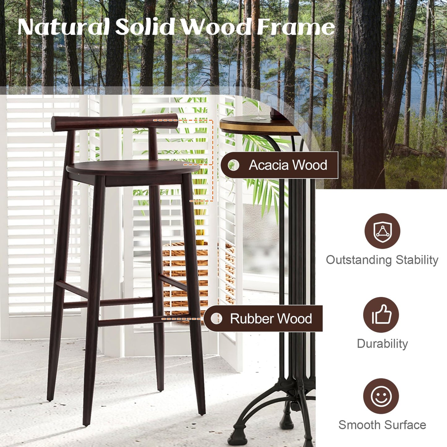 Bar Chair Set of 2/4 Bar Height Stools Set w/Acacia Wood Frame