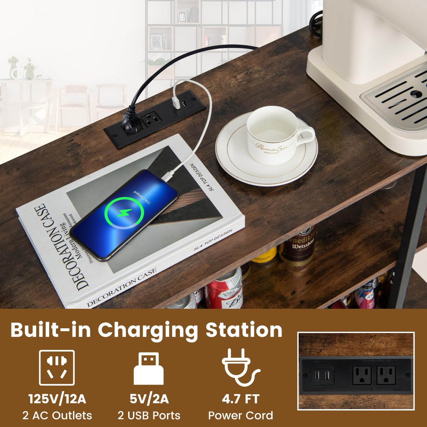 Wine Bar Cabinet 3-Tier Home Mini Bar for Liquor w/Power Outlets