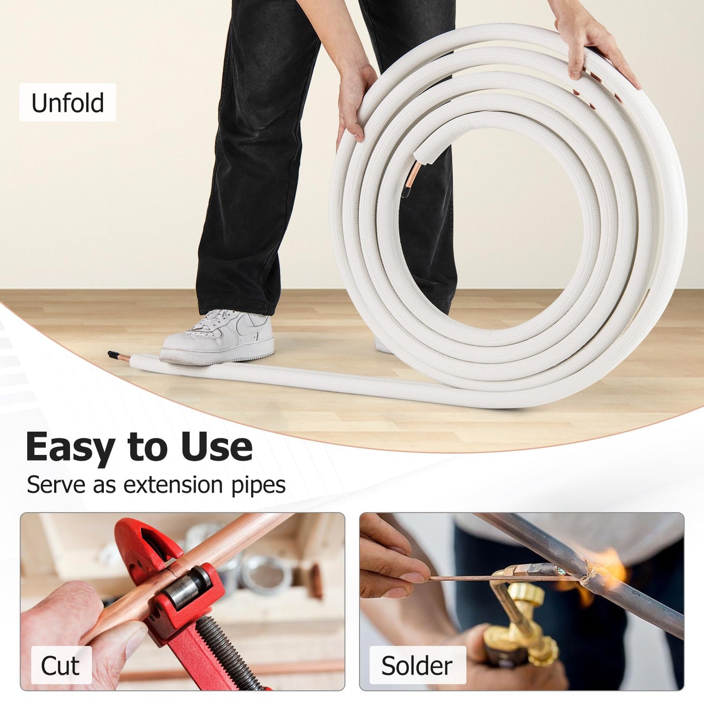 25 Ft. Mini Split Line Set | 1/4” & 1/2” O.D. Copper Pipes Tubing with 3-Layer Insulation