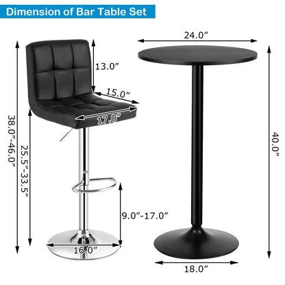 3-Piece Bar Table Set-Round Cocktail Table and PU Leather Adjustable Swivel Chairs