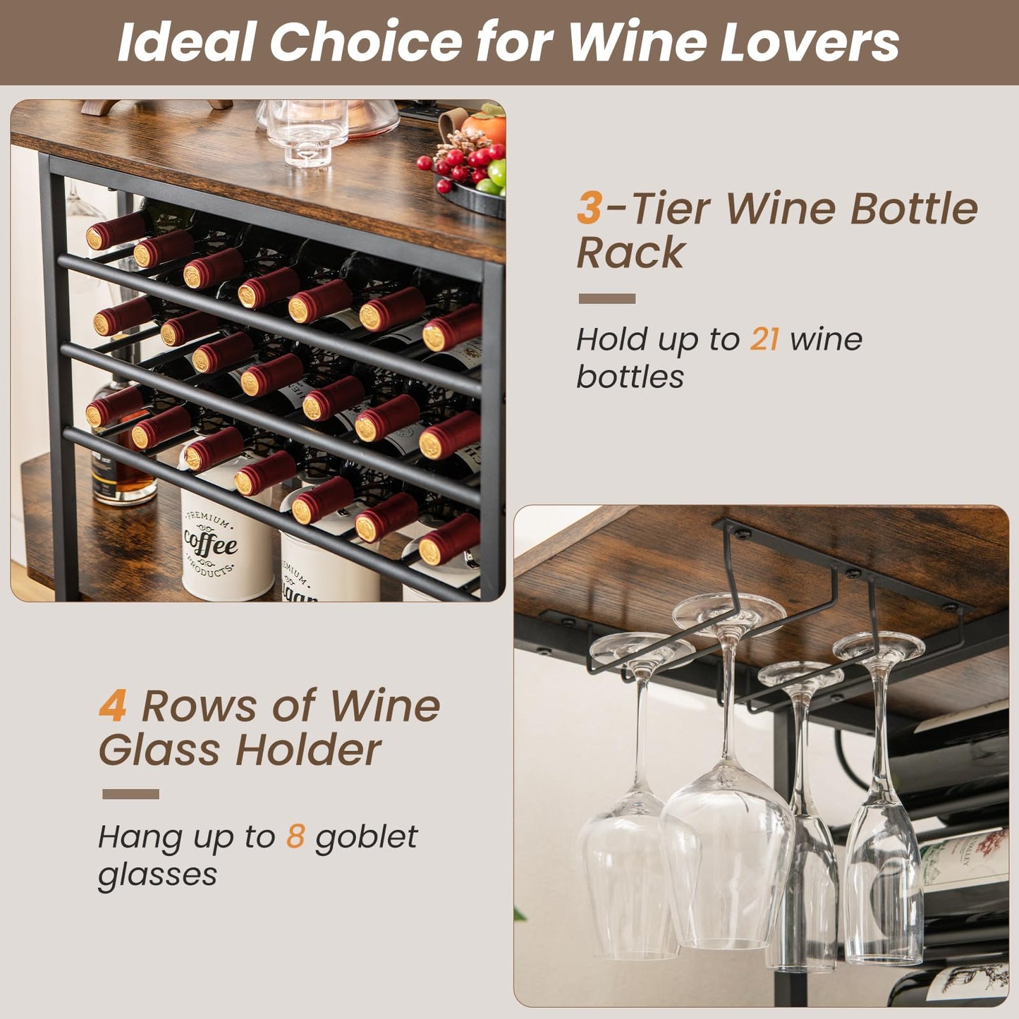 Wine Bar Cabinet 3-Tier Liquor Cabinet with Power Outlets