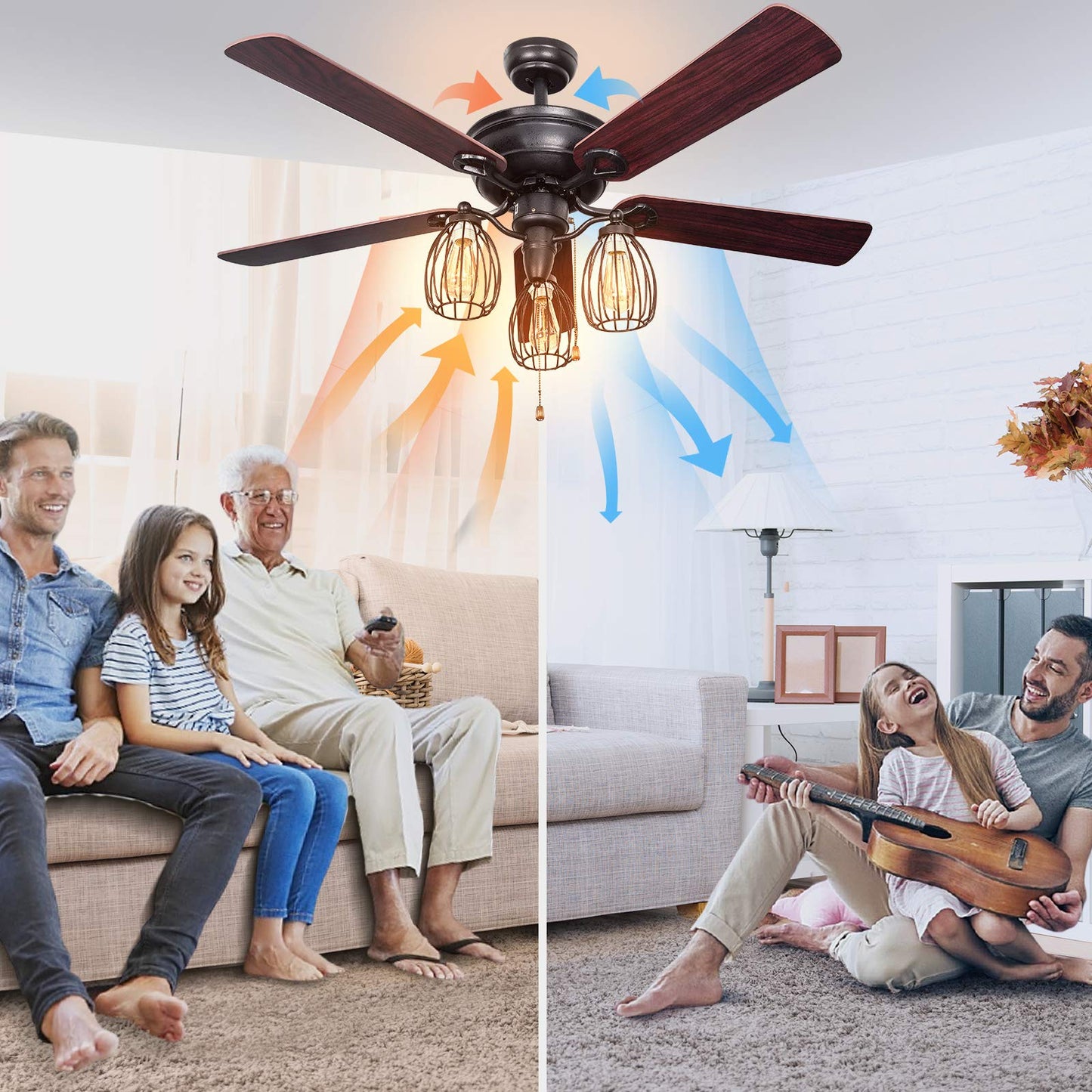 52-Inch Ceiling Fan with Lights, Industrial Ceiling Fan w/ 5 Iron Blades & 3 Cage Lights