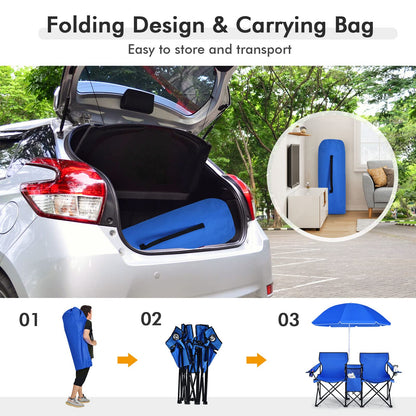 Portable Folding Picnic Double Chair W/Umbrella Table Cooler Beach Camping Chair