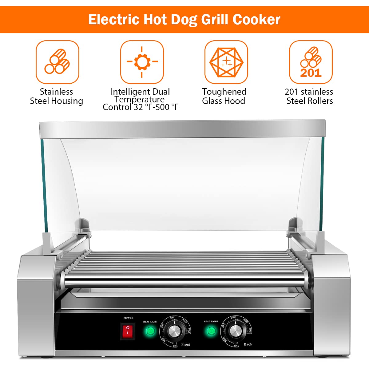 Hot Dog Roller Machine, 11 Non-Stick Rollers 30 Sausage Grill Cooker with Removable Stainless Steel Drip Tray
